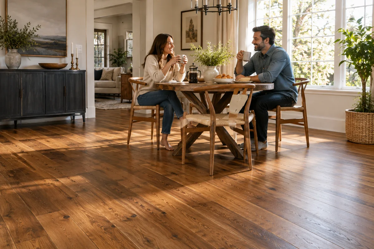 Two adults enjoying morning coffee above warm hardwood floors