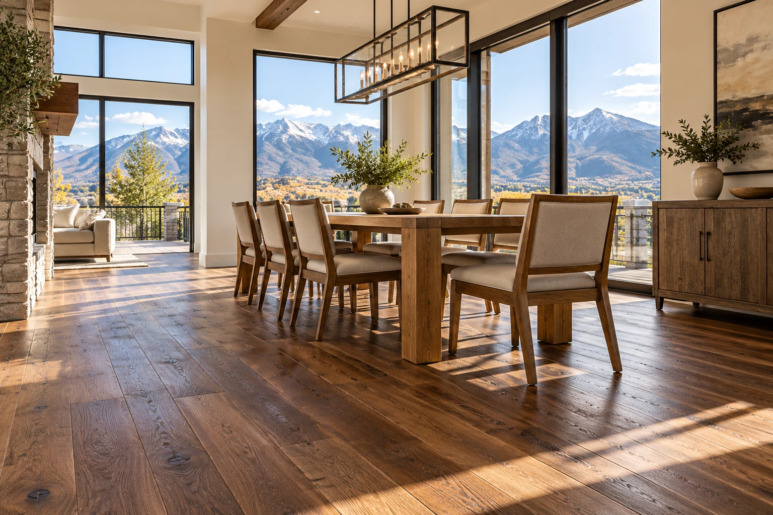 Warm hardwood boards in a sunlit dining room