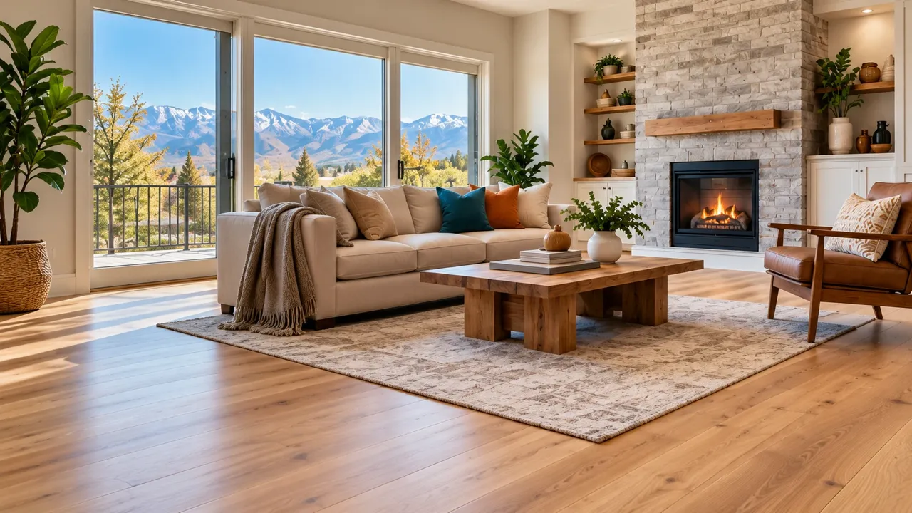 Oak floors in a sunlit living room with a stone fireplace