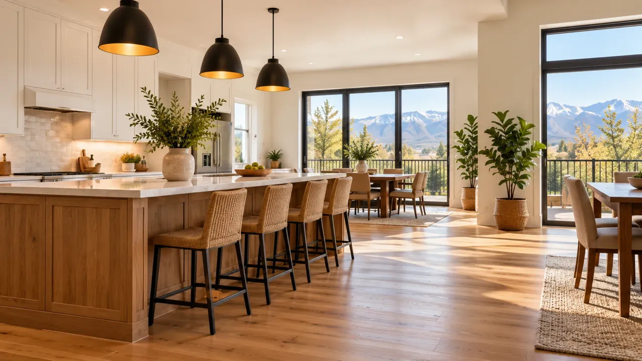 Warm wood flooring in an open kitchen