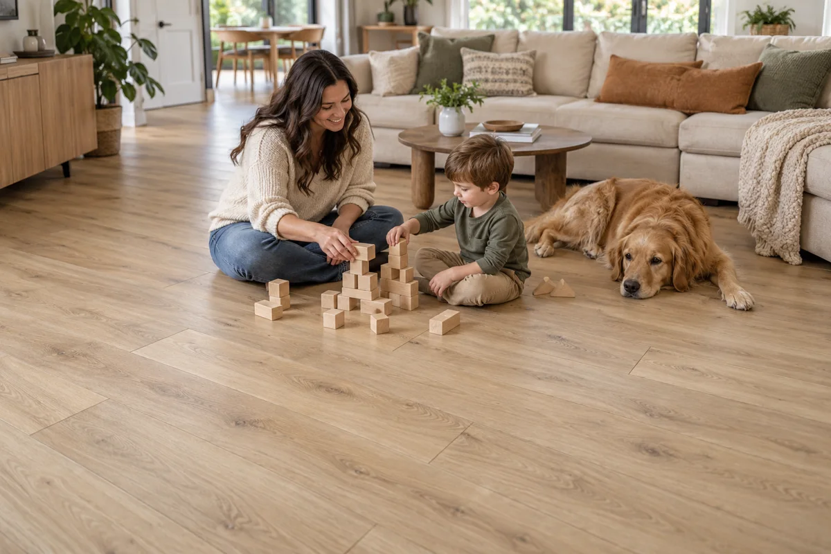 A parent and child playing on oak-look luxury vinyl plank flooring