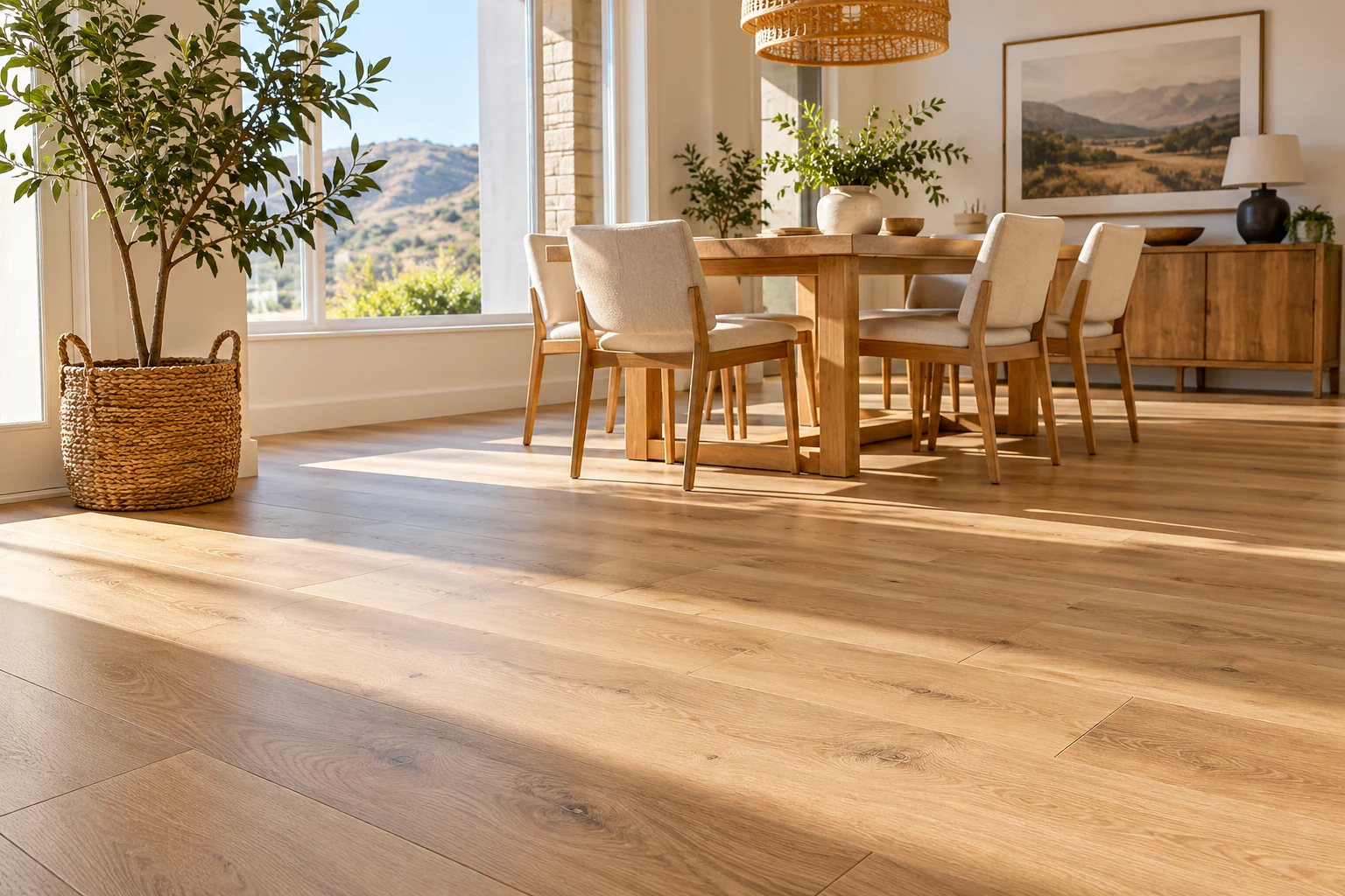 Illustrative wood-look flooring in a dining room; not a laminate project photograph