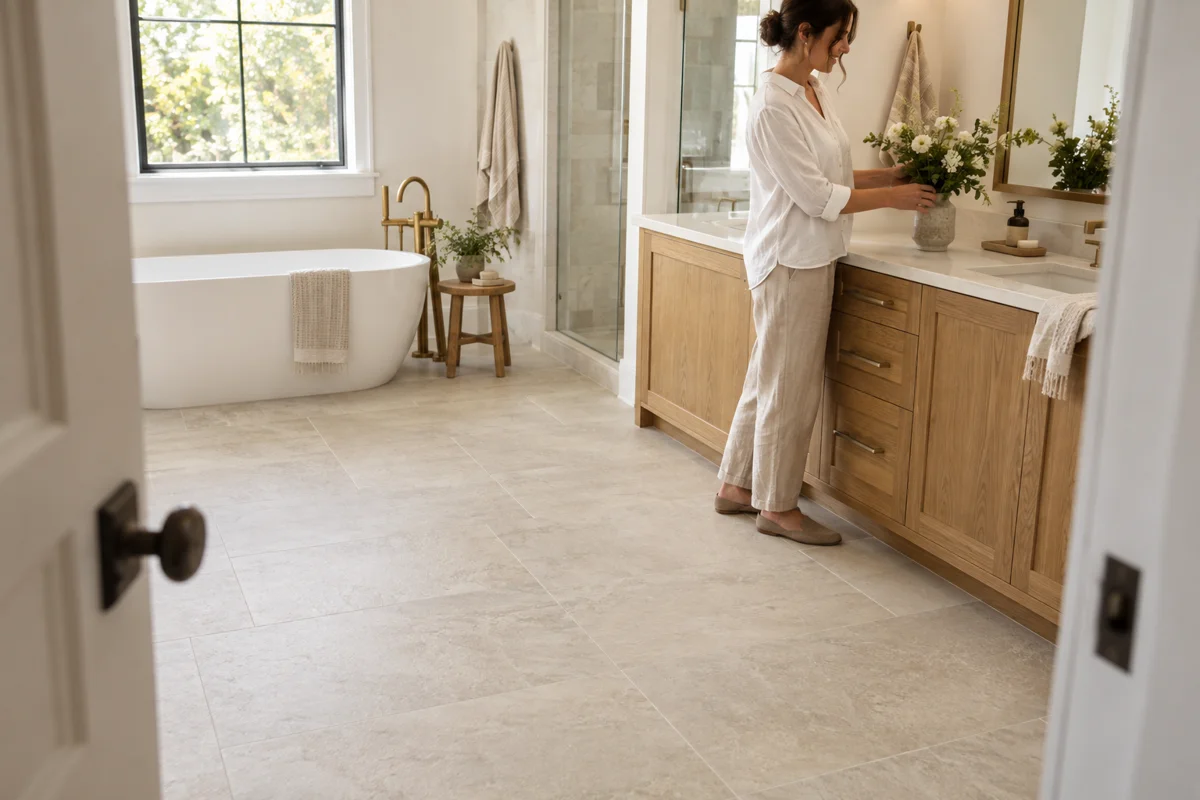 An adult arranging flowers in a bathroom with stone-look luxury vinyl tiles