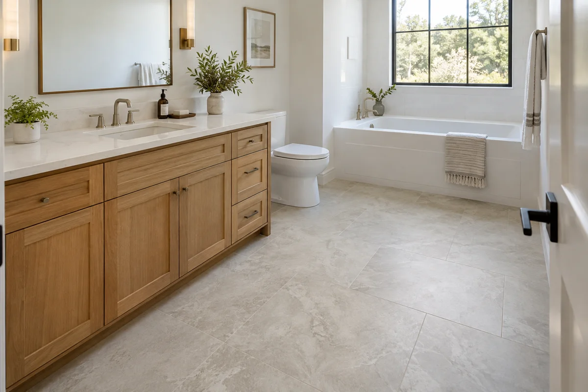 Stone-look LVT flooring in a bright bathroom with an oak vanity