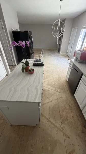 Plank flooring through the kitchen and adjoining living space.