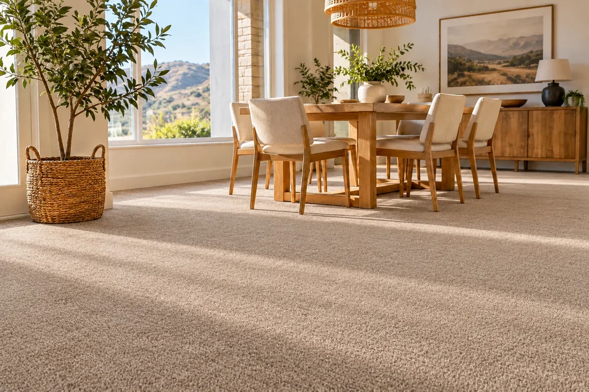 The same illustrative dining room with beige carpet